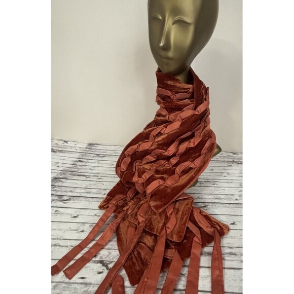 vintage Accessories - Vintage Y2k Burnt Orange Velvet Scarf Neck Fringe Boho Hippie Festive Holiday